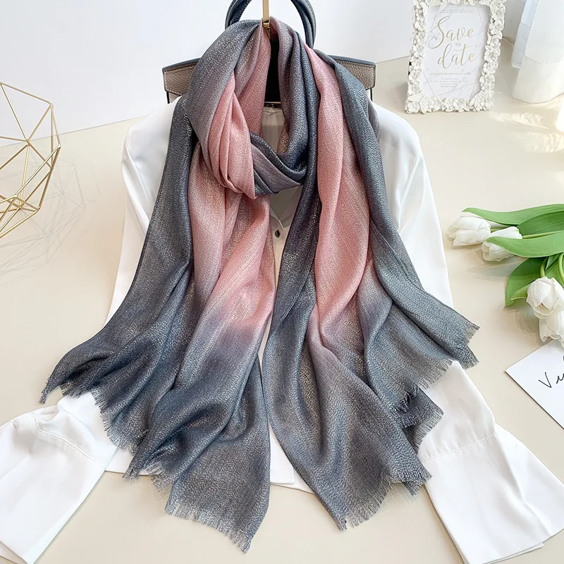 Gray pink Блестящий хиджаб роскошный женский шарф золотые шелковые хлопковые шарфы градиент цвета теплые пашмины Шали Обертывания женские Bufanda - Цвет: Gray pink