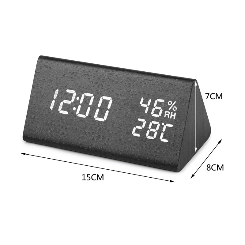 

LED Triangle Wood Clock Alarm Humidity Temperature Voice Control Backlight USB Charge Portable