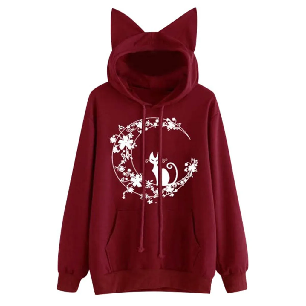Womens Cat Long Sleeve Hoodie Cat Ear Print Sweatshirt Hooded Pullover Tops Streetwear Women Oversized Hoodies Moletom Feminino
