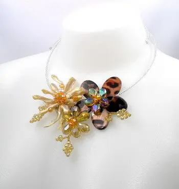 Ожерелье чокер в виде швабры с желтыми хрустальными бусинами цветами листьями|Колье| |