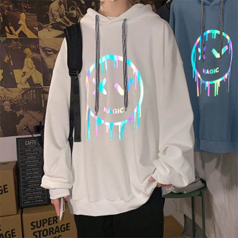 

2021 Autumn and Winter New Fashion Reflective Men's hoodies Casual Fleece Hoodie Loose Oversized Hip hop Streetwear Pullover