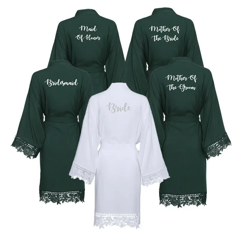 Solid Cotton Kimono Robes with Lace Trim Women Wedding Bridal Robes Bathrobe Sleepwear Bridesmaid Robes Bathrobe