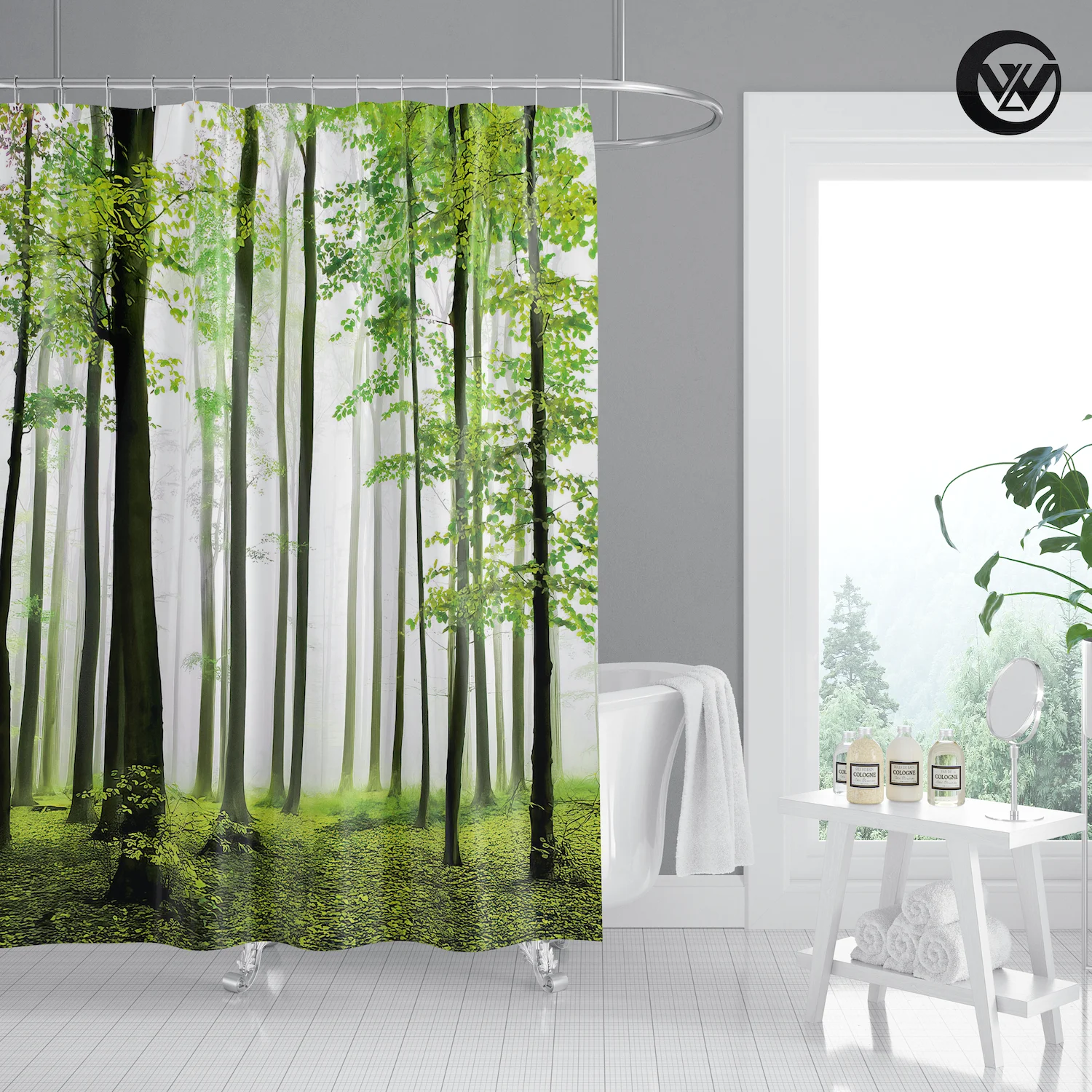 Mildew Resistant Creative Green Forest Scenery Bathroom Curtain Waterproof Polyester Shower Curtain