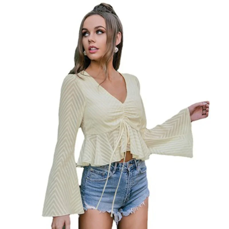 

2021 New Spring Long-sleeved Ruffled Drawstring Short Slim Tops Fashion Casual All-match Shirt Women