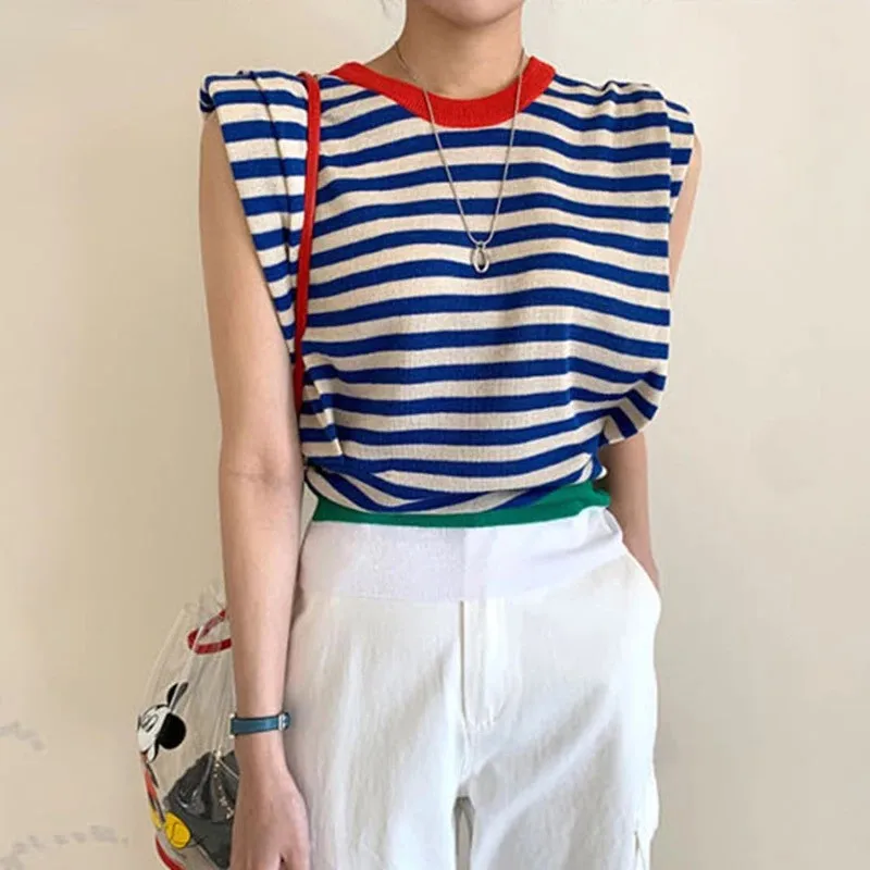 

Limiguyue Summer Tops Sleeveless Striped T Shirts Women O Neck Tees Knitted T Shirt Color-blocked Padded Shoulder Tshirts K1937
