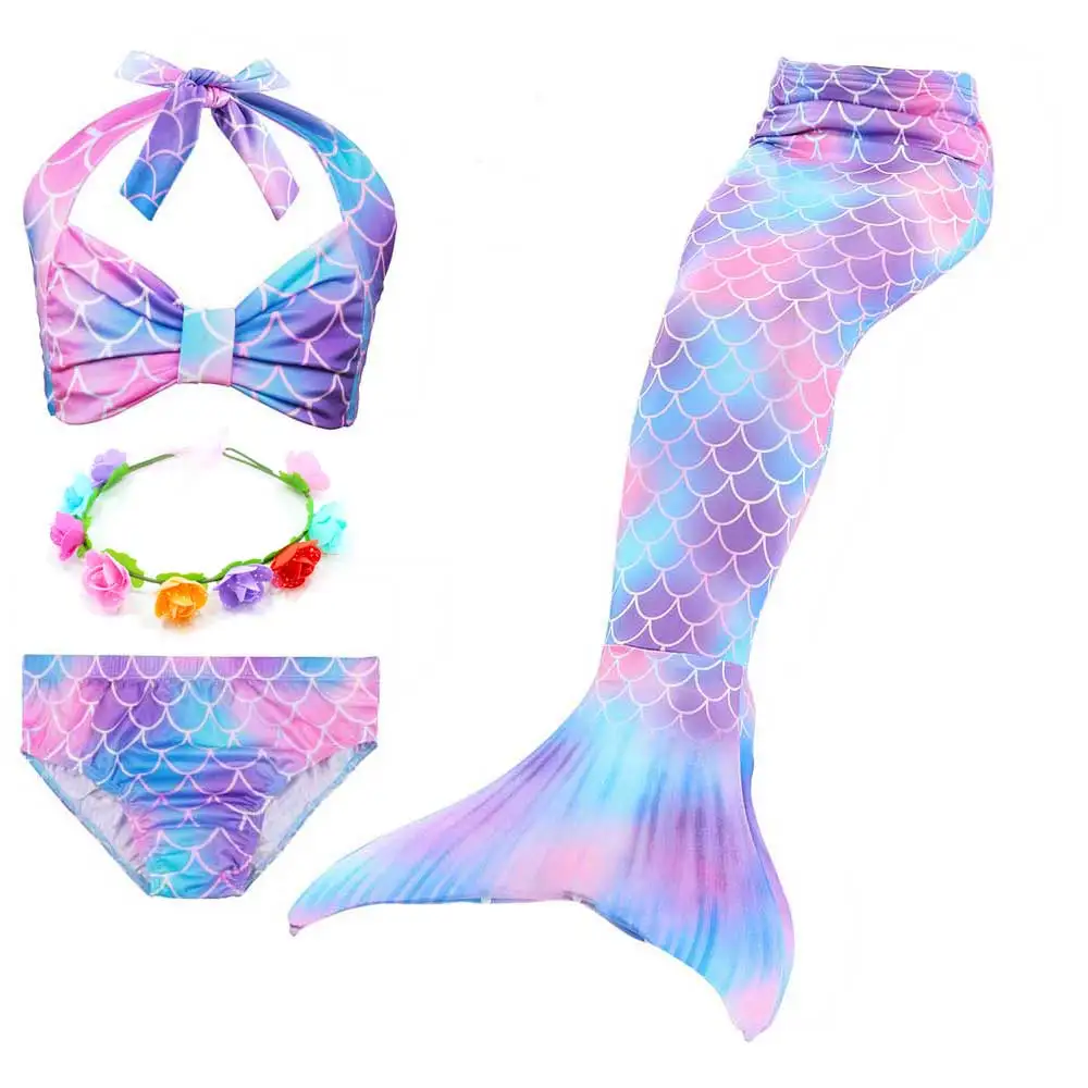 4pcs Set 1 Girls Walkable And Swimmable Mermaid Tail Swimsuit Cosplay Costume Kids Children Bikini And Sparkle Mermaid Swimtail - Цвет: 4pcs Set 1