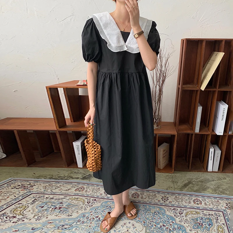 

Simple Sweet Peter Pan Collar Puff Sleeve Dress Women Elegant Slim Waist Loose Vestidos Mujer Korean Style New Summer 2021 Robe