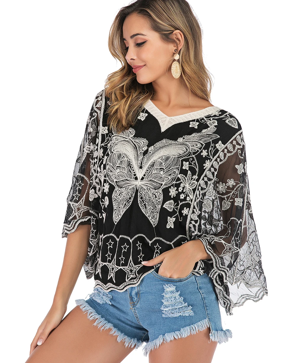 New Womens Floral V Neck Blouses Bat Wing Short Sleeve Chiffon Tops Shirts | Спорт и развлечения