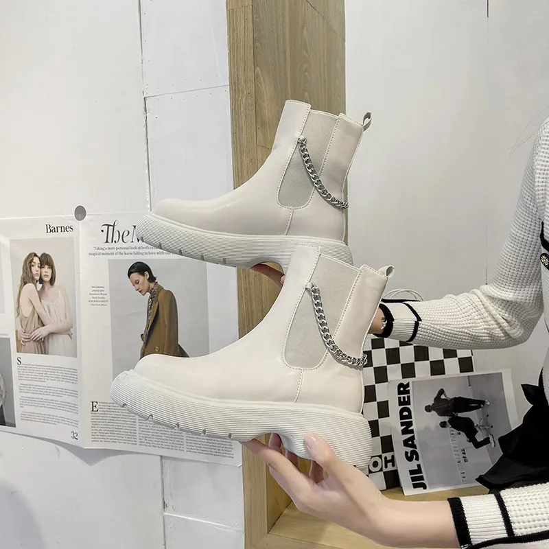 2022 new autumn thick bottom Chelsea mid-tube combat round head wear Botines De Mujer square heel sexy
