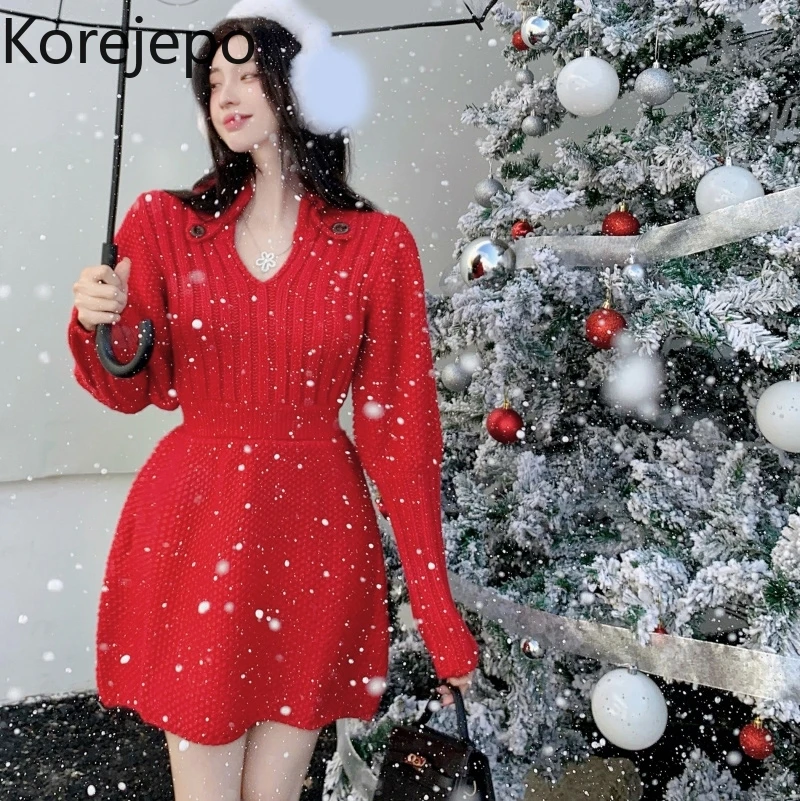 

Korejepo Red New Year Dress Women's New Autumn and Winter Waist Slim 2021 New Retro Design Feeling Versatile Hip Dresses