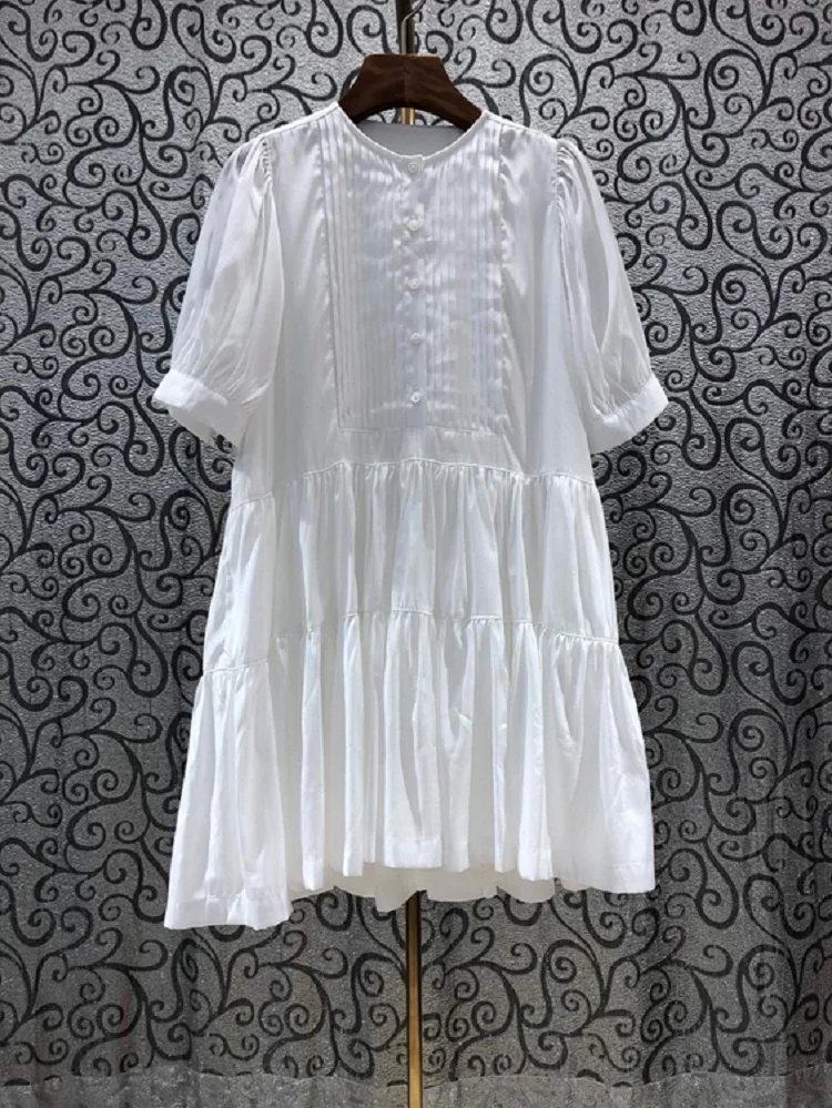

100%Cotton Women's Dress 2021 Summer Fashion Ladies O-Neck Buttons Front Short Sleeve Casual Pleated Dress White Pink Color