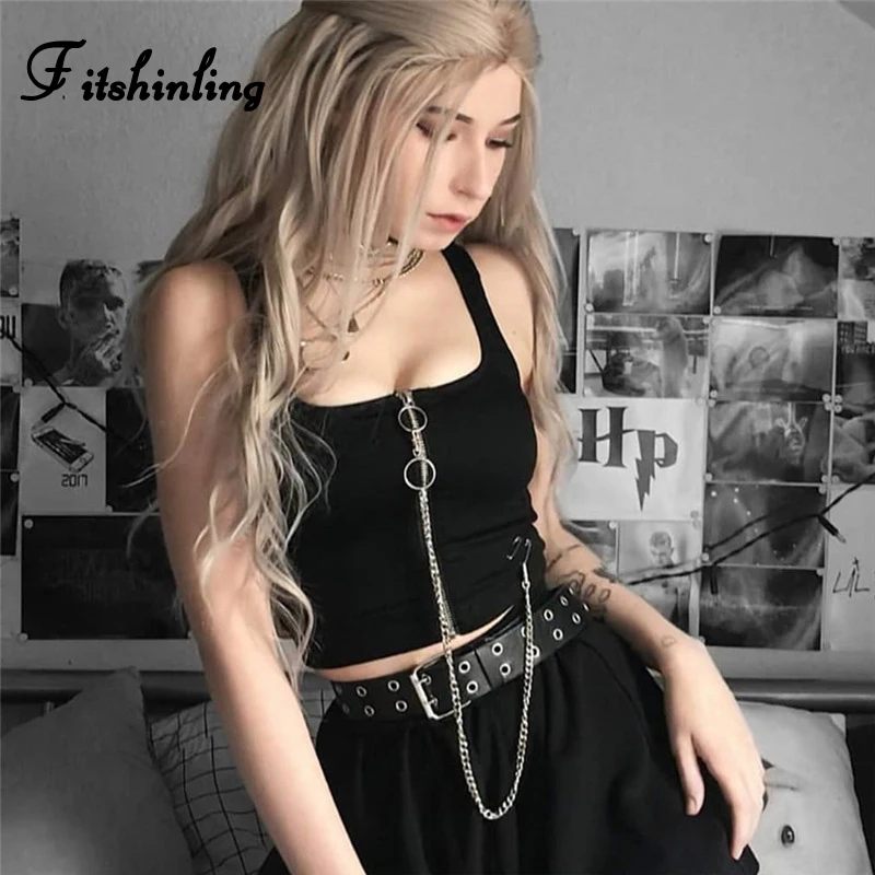 Женский Готический топ на молнии Fitshinling черный укороченный без рукавов с