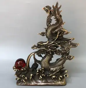 China archaize brass dragon play bead crafts statue