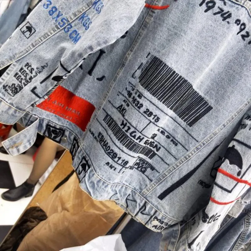 

High Street Women Personality Embroidered Denim Jacket Loose Long Sleeve Single Breasted Coat Autumn Fashion Female Outerwear