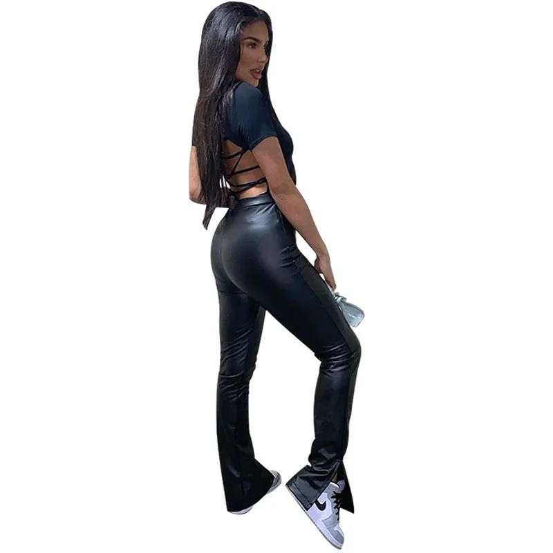 

PU Pants Slim Fit Hips Feet Split High Waist Tight Casual Women Trousers Winter Solid Color Fashion Leggings