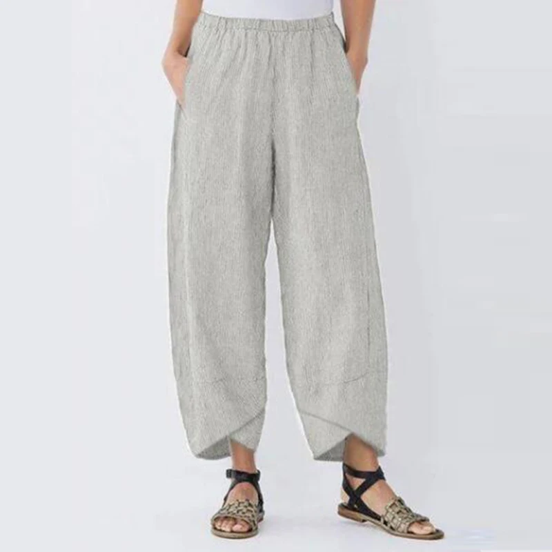 Женские Винтажные льняные брюки летние повседневные однотонные с эластичным