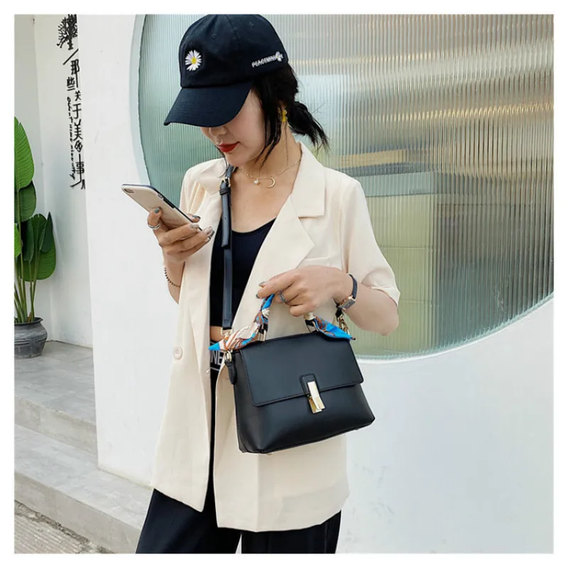 

OLOEY New soft leather women's shoulder bag silk scarf handbag chain messenger bag candy color crossbody bags for women