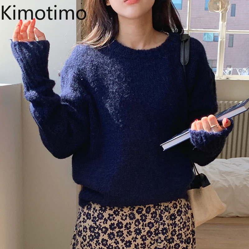 

Свитер Kimotimo карамельных цветов, женский корейский шикарный нежный Однотонный пуловер с круглым вырезом, осенне-зимние универсальные вязан...