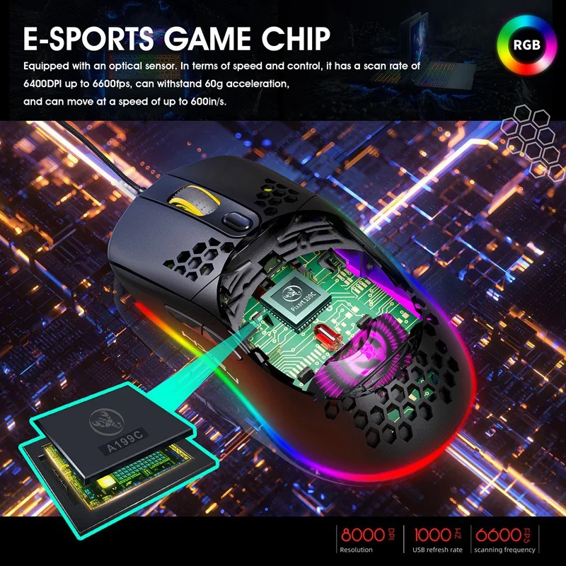 HXSJ X600 игровой Мышь RGB Освещение Программирование игр 6-уровневый Точек на дюйм USB