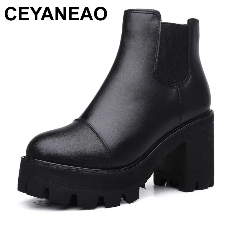 

CEYANEAO Autumn Winter Women Ankle Boots Genuine Leather Thick High Heel Boots Women Warm Platform Boots Black Ladies Shoes