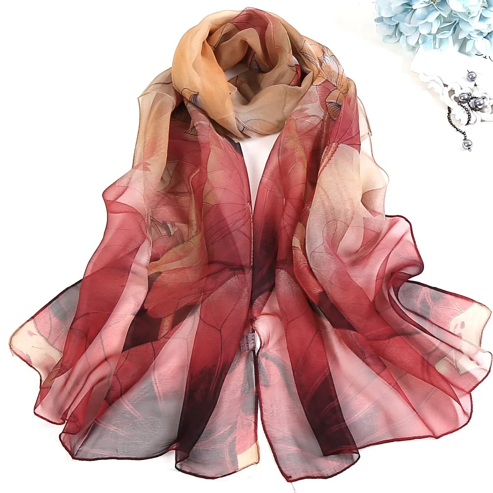 

Женский Длинный пляжный шелковый шарф с цветочным принтом, весна-лето