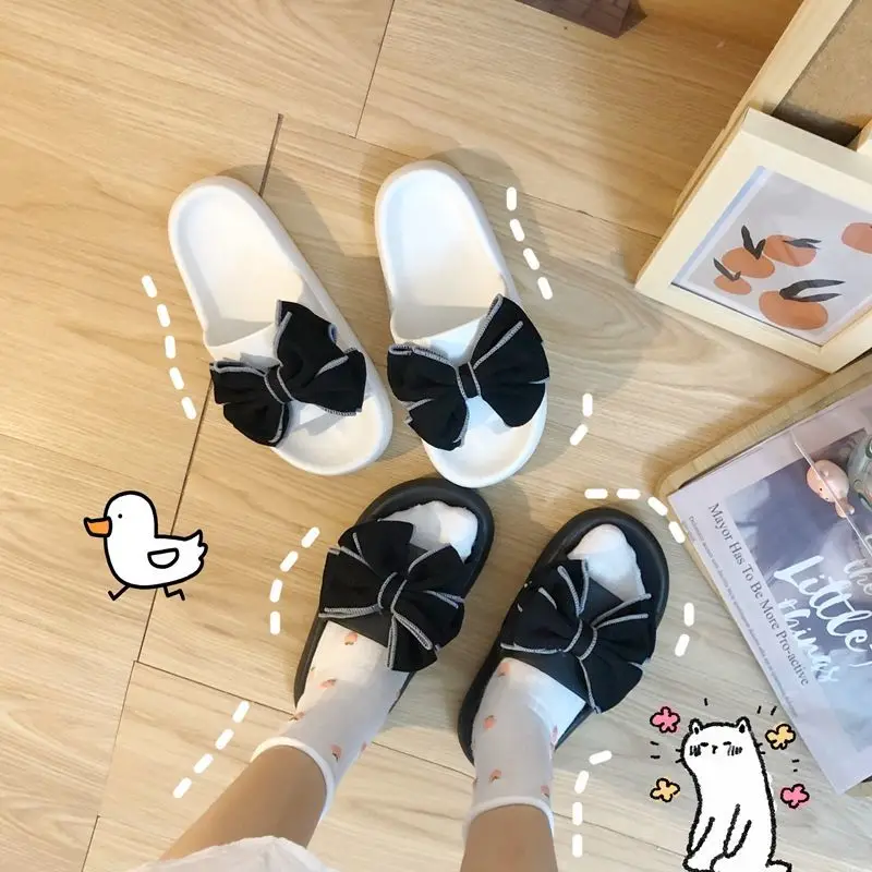 

2021 New Fashion Slippers Women for Summer Bow-knot Kawaii Shoes Soft Thick Bottom Indoor Home Leisure Korea Style Women Slides