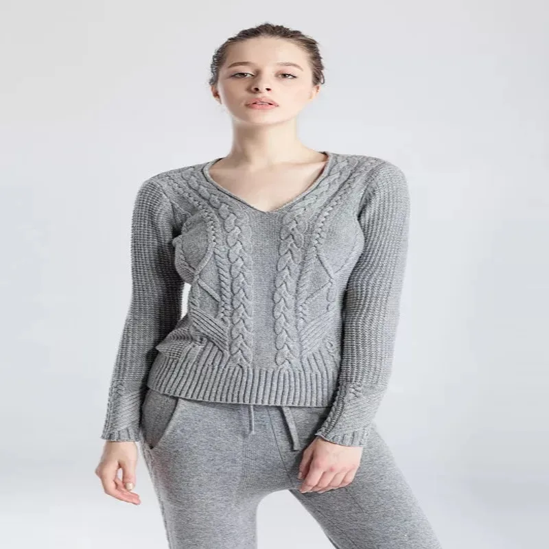 Женский кашемировый костюм из 2 предметов вязаный шерстяной свитер с V-образным