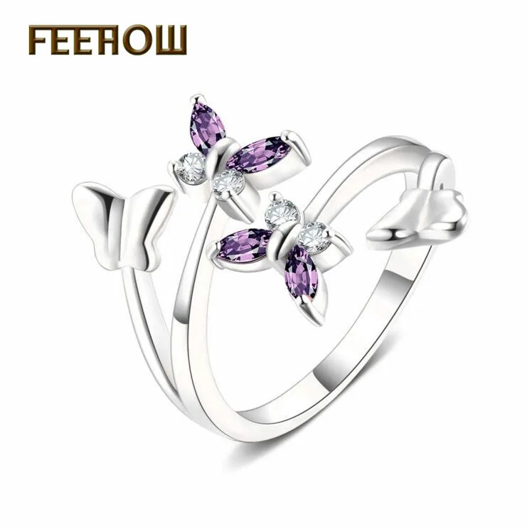 FEEHOW новое горячее сиреневый циркон бабочка элегантное регулируемое кольцо для