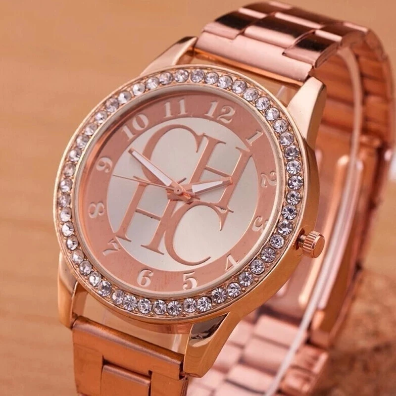 Relógio de pulso feminino de ouro, relógio de pulso feminino de ouro rosé, com pulseira de aço, de luxo, cristal, para presente