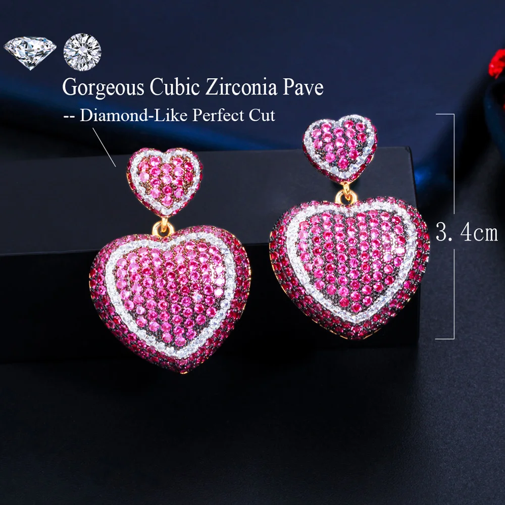 

Pera Romantic Hot Pink Cubic Zirconia Dangle Big Love Heart Shape Drop Earrings for Lover Wedding Anniversary Jewelry Gift E658