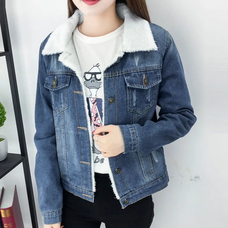 

2020Winter Large Size Women's Cotton Plus Velvet Thick Single-Breasted Short Section Thin Warm Lamb Hair Denim Jacket FemaleAA64