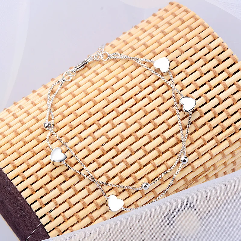 

2021 New 925 Sterling Silver Double Layer Heart Shape Charm Bracelet &Bangle For Women Wedding Jewelry Party SL034