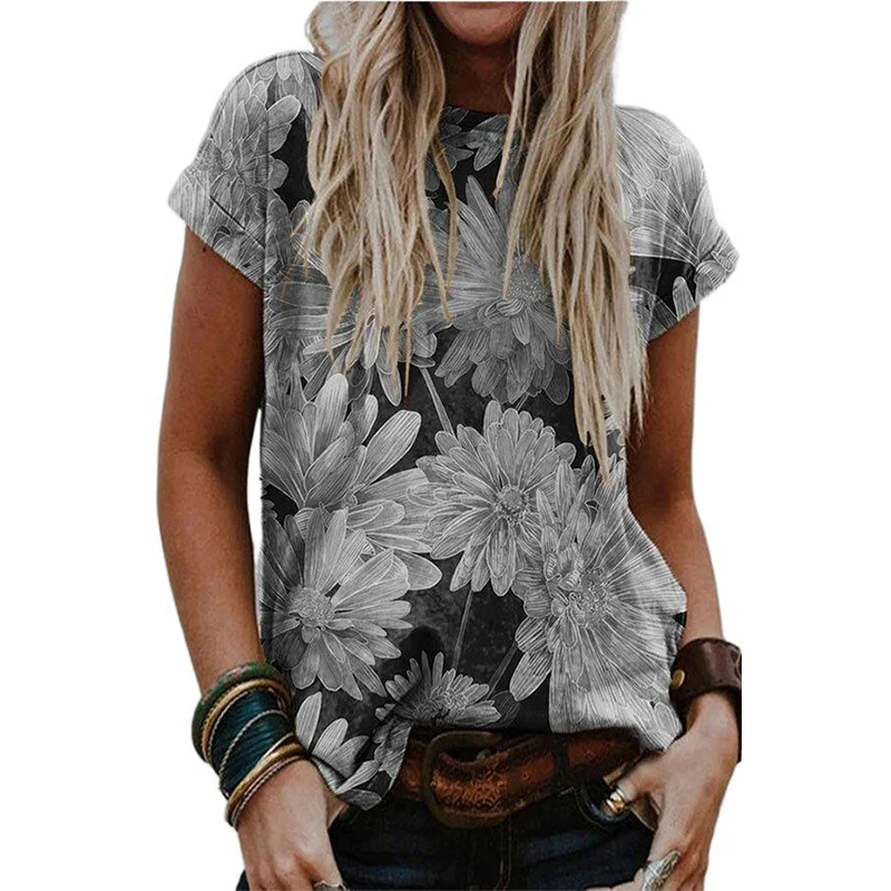 

2021 Summer Casual Short Sleeve Floral Women T-shirt Fashion Oversized Chrysanthemum O-neck Pullover Loose Tops