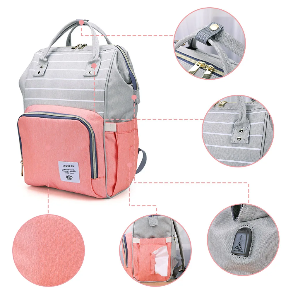 

Multifunctional Mommy Baby Diaper Bag Waterproof Folding Travel Striped Large Capacity Nappy Backpack with USB Charging Port