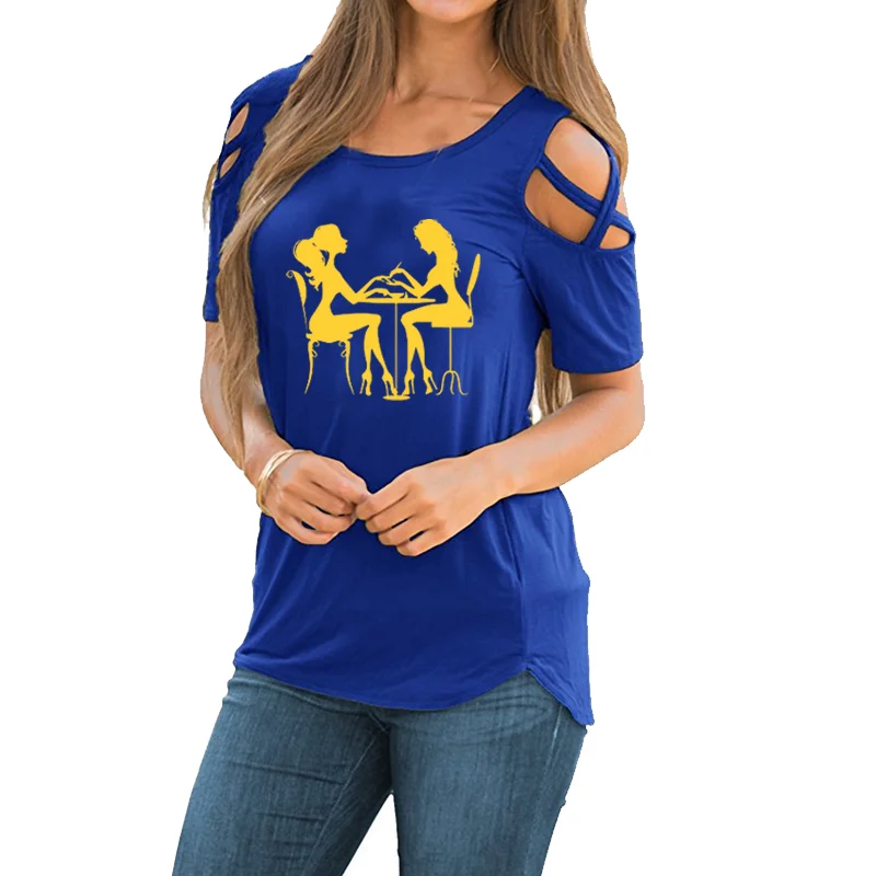 

Nail Beauty Salon Funny Geeks Printed T-Shirt Women Loose Cotton Short Sleeve Female shoulder hollow lace up Tee Tops