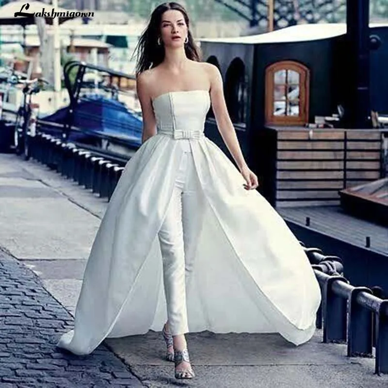 Женский Свадебный комбинезон без бретелек со съемным нарукавником с карманами и