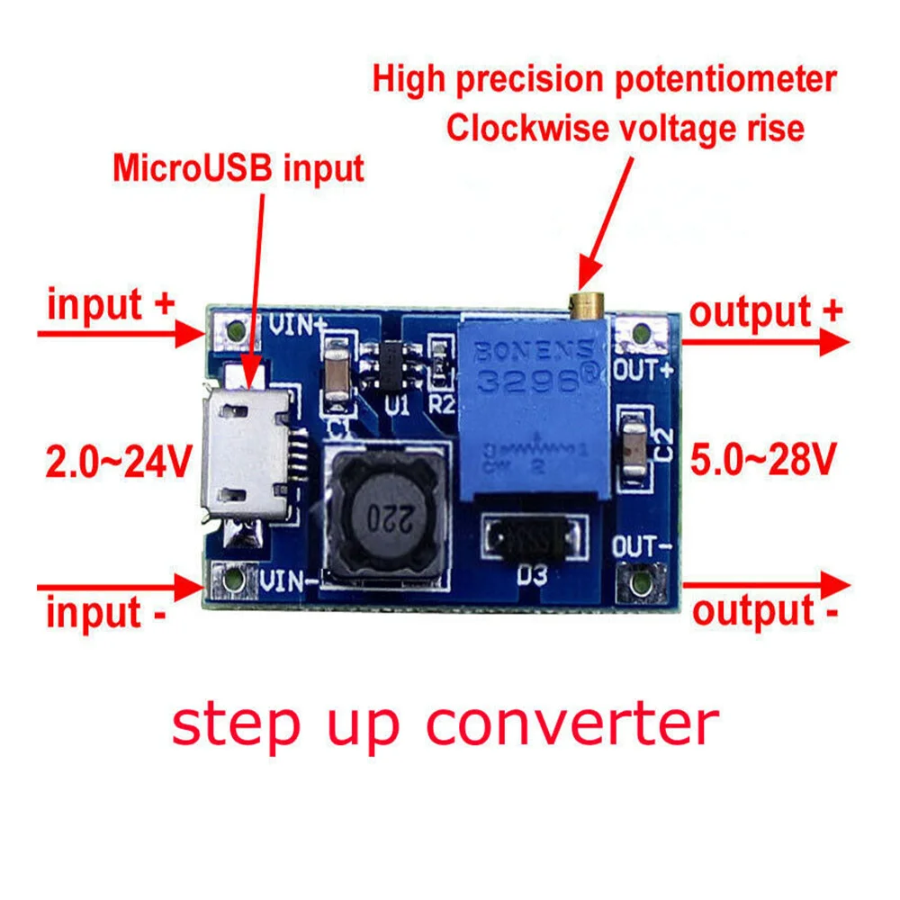 

10PCS MT3608 DC-DC Boost Module 2A Board Input Voltage 2-24V Up 5/9/12/-28V Adjustable Supplies