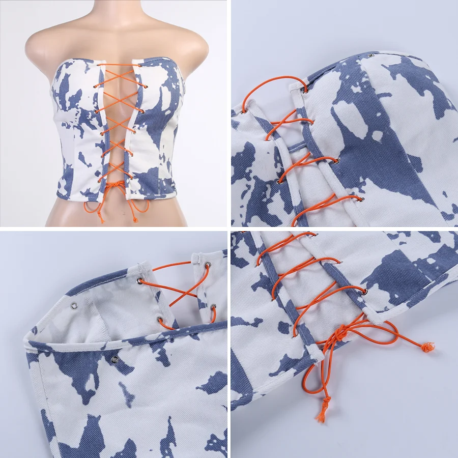 

XBUEN Sexy Tube Top Summer Women Tie Dye Denim Drawstring Backless Crop Tops Slim Adjustable Bandage Casual Crochet Tops 2021