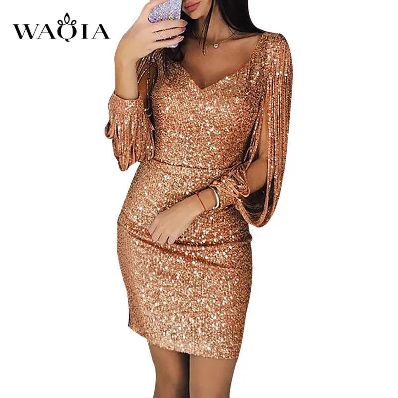 Сексуальное женское платье с блестками Осеннее облегающее длинным рукавом