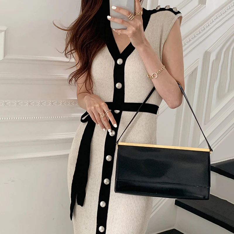 

Sumemr Elegant Dress Summer Sexy V-neck Single-breasted Lace-up Mid-length French Knitted Dress Woman Bandage Vintage Dress
