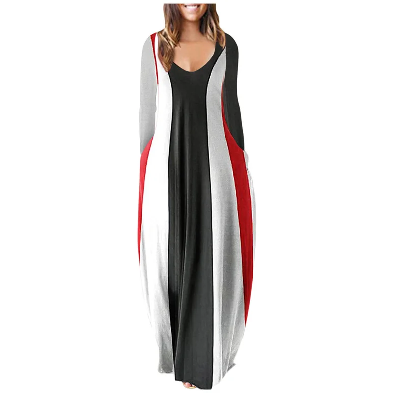 

2021 Autumn And Winter Bohemian Holiday Oversized V-Neck Dress Women's Casual Loose Long-Sleeved Large-Size Printed Long Dress