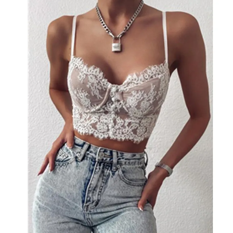 

Women Sexy Perspective Camisole Lace Crop Top Bra Fashion Solid Backless Vest Suspender Body Shaping Lingerie Hollow Tank Top