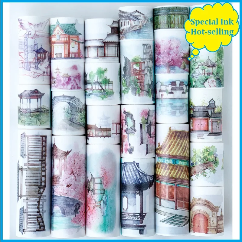 

Vintage design washi tape with release tape Chinese building w/ special ink printing for diy decoration