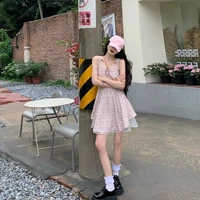 floral suspender dress womens 2021 summer new korean mid long style dress with slim waist and fresh tea break skirt