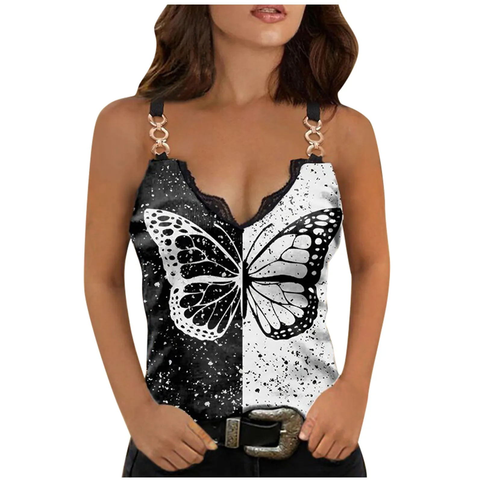 

Женский модный сексуальный реалистичный Топ без рукавов с индивидуальным принтом, глубоким v-образным вырезом и цепочкой, универсальный се...