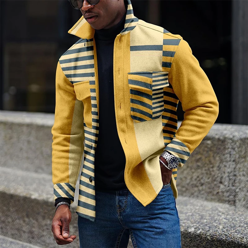 

Mens VintageDigital Print Outerwear 2022 Casual Fashion Long Sleeve Turn-down Collar Buttoned Coats For Men Jackets Streetwear