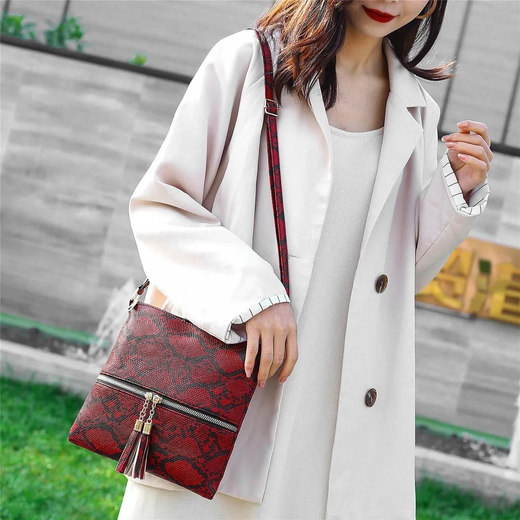Fashion Women Tassel Snake Printing Zipper Messenger Bag Handbag Shoulder Bag Elegant Small Square Bags#YJ