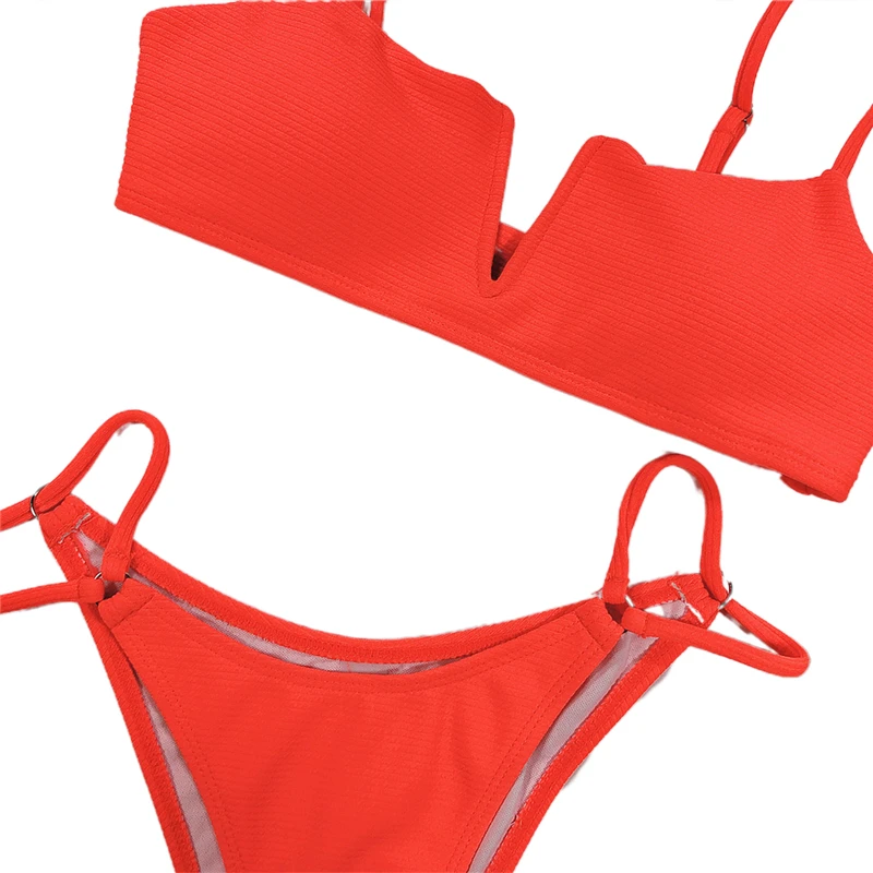 

Women Two Pieces Sexy Swimsuits, Solid Color V Cut Bra Bikini Sets, Hollow Out High Waist Thong Bathing Suits