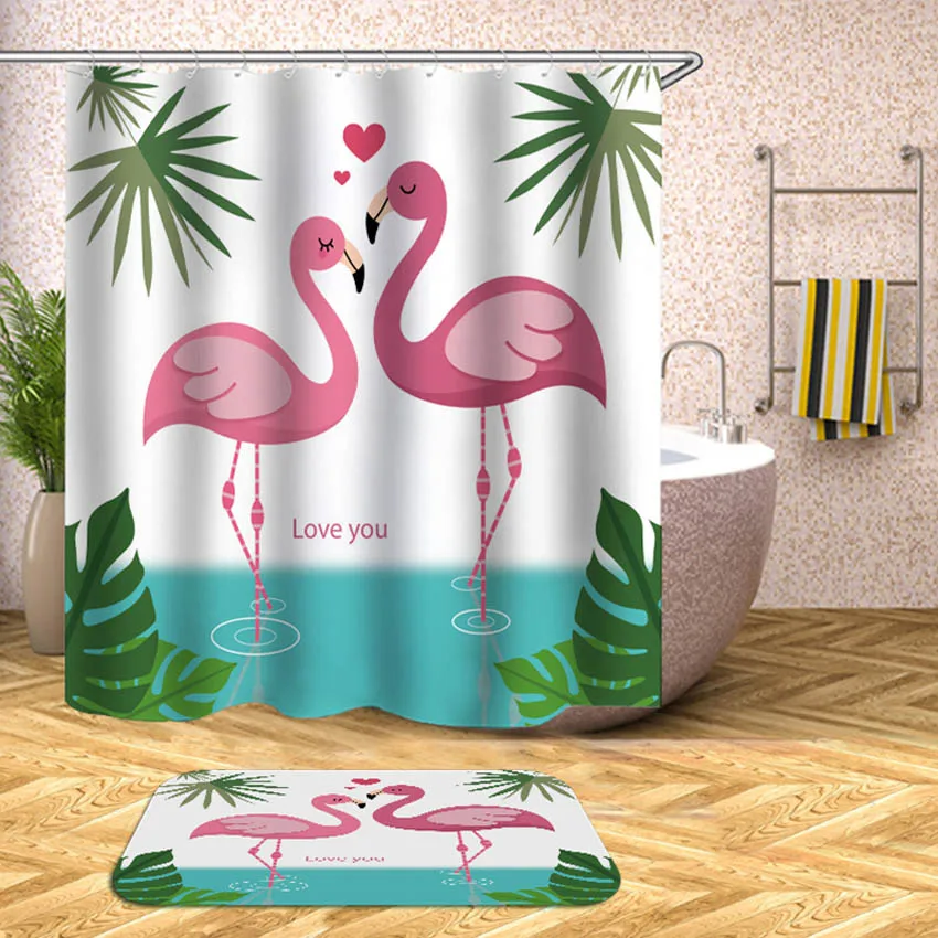 

Floral Shower Curtain Flamingo Bath Curtains For Bathroom Bathtub Waterproof Bathing Cover Extra Large Wide With 12pcs Hooks