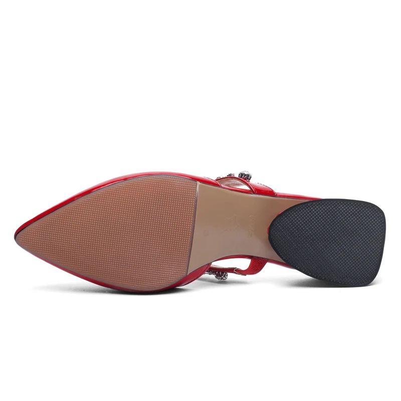 

SmllHut Summer Women Beading Slippers Fake Leather Sexy Lady Low Thick Heels Woman Red Black Beige Pointed Cloed Toe Shoes M106